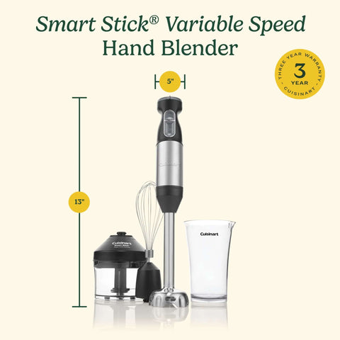 Smart Stick Variable Speed Hand Blender, 300 Watt Stainless Steel Immersion Mixer with attachments, 13 inches tall.
