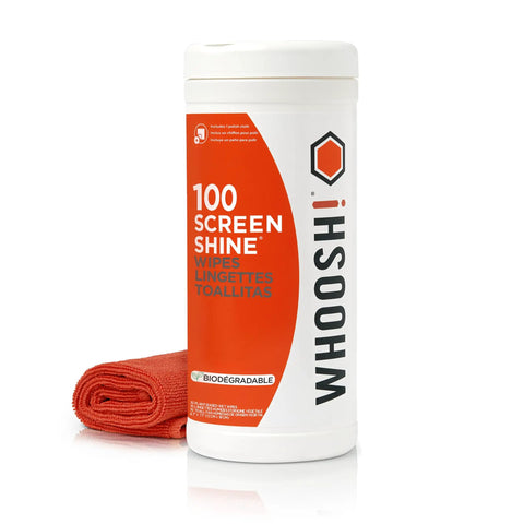 Bottle of 100 Screen Shine wipes with included microfiber cloth, designed for cleaning screens like LCD, OLED, and eyeglasses.