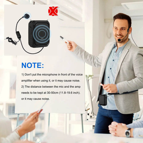 Man using Bluetooth Voice Amplifier With Lapel Mic And Headset Microphone Pack, 18W IPX5 Waterproof Portable PA System at presentation.