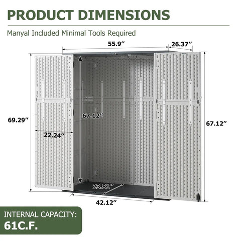 61 Cu Ft Outdoor Storage Shed With 56 Inch Wide Design, Waterproof Resin Cabinet dimensions and open view