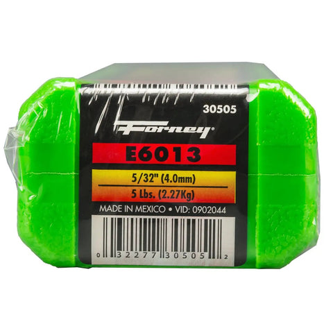 E6013 Welding Rod 5/32 Inch, 5 Pound package front view, green packaging, labeled Made in Mexico, Forney brand