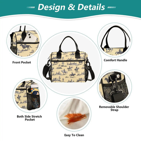 Design details of Vintage Cowboy Desert Cacti Insulated Lunch Bag With Adjustable Shoulder Strap Reusable Cooler Tote