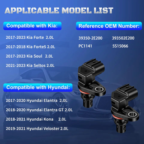 Two Camshaft Position Sensors Set For 2.0L Hyundai Elantra Elantra GT Kona Forte Soul Forte5 Seltos Replaces 39350 2E200 393502E200 Compatible With 2017 To 2023 Models Drop In Ready Easy Install High Quality Engine Sensor Kit For Car Maintenance. compatible 2.0L Kia Hyundai models and OEM numbers