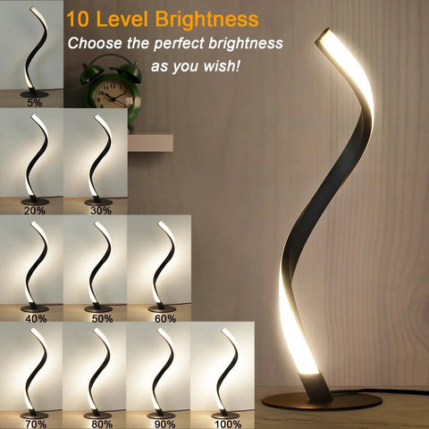 S Shaped Spiral LED Table Lamps Set Of 2 With Three Color Modes And Ten Brightness Levels displayed with glow percentages.