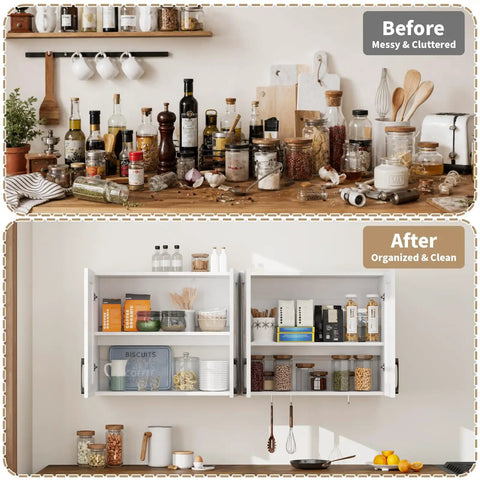 Works Like A Charm Farmhouse Wall Cabinet With Four Soft Close Barn Doors And Three Adjustable Shelves Solid Choice For Laundry Organization Or Bath Storage In Clean White Wood Grain, organized cabinet view.