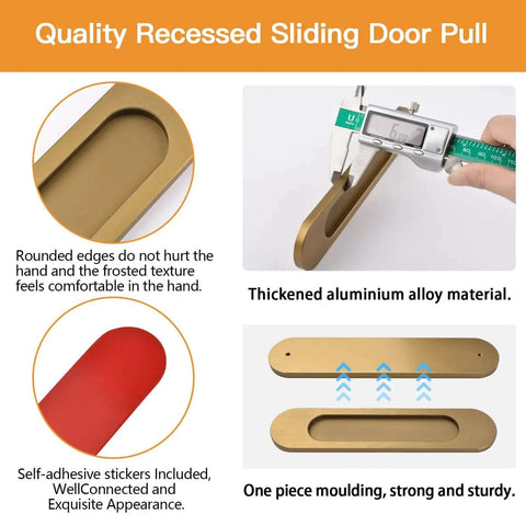 Self Stick Oval Sliding Door Pulls Set of 4 Aluminum Alloy Recessed Door Handles Punch Free Bronze Gold 180mm details