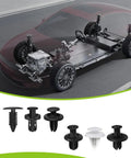 Universal 100 Piece Car Bumper Retainer Clip Kit With 6 Size Plastic Rivets shown with car frame overlay