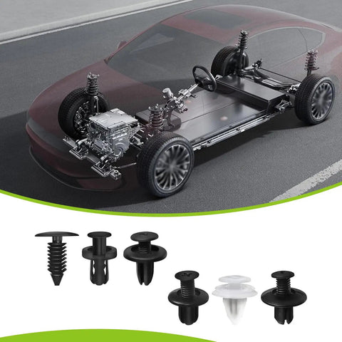 Universal 100 Piece Car Bumper Retainer Clip Kit With 6 Size Plastic Rivets shown with car frame overlay
