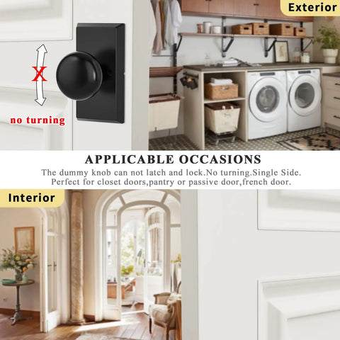 Matte Black Dummy Door Knobs For Interior Use With Modern Vintage Rectangular And Round Handles For Bifold And Closet Doors 2 Pack In Stainless Steel Finish shown installed on interior doors