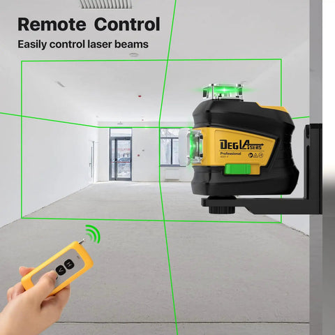 360 Self Leveling Green Cross Line Laser Level for Construction and Picture Hanging, Rechargeable Battery Lasts Up To 30 Hours, Remote Control, Magnetic Bracket, Portable Carry Bag, Pro Grade Precision at 16 Feet. Remote-controlled green cross-line laser level mounted on a magnetic bracket indoors.