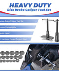 Pro-Grade Heavy Duty Disc Brake Piston Caliper Wind Back Tool Set Universal 28-Piece shown with tools and adapters in use