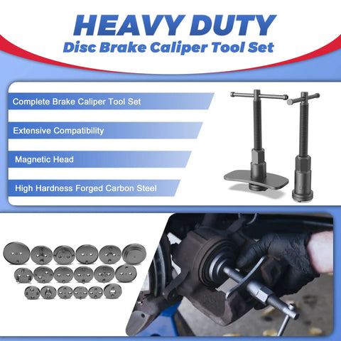 Pro-Grade Heavy Duty Disc Brake Piston Caliper Wind Back Tool Set Universal 28-Piece shown with tools and adapters in use