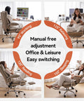 Reclining Office Chair With Footrest, Ergonomic High Back PU Leather Swivel Desk Chair With Wheels, Lumbar Support, Khaki, shown in different recline angles for home office use