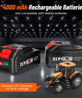 Two 21V 4000mAh rechargeable batteries next to an orange tractor under bright lights, highlighting compatibility with Makita batteries.