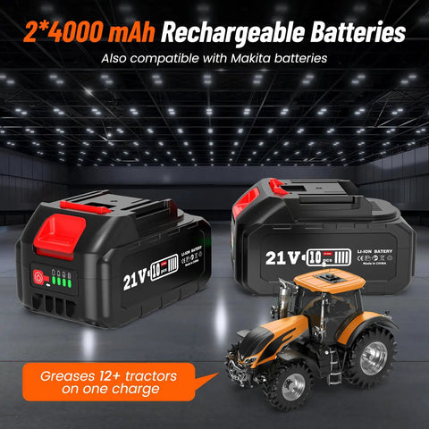 Two 21V 4000mAh rechargeable batteries next to an orange tractor under bright lights, highlighting compatibility with Makita batteries.