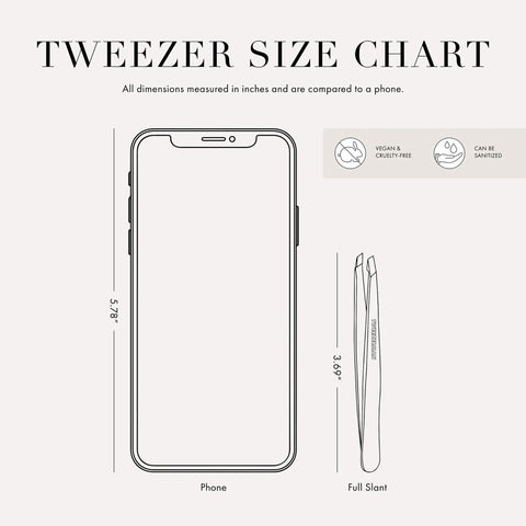Size chart comparing Slant Tweezers For Eyebrows In Midnight Sky Finish to a phone, showcasing 3.66-inch length.