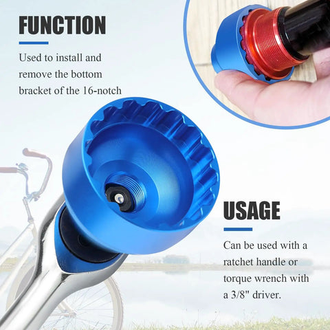Close-up of 16-Notch Bottom Bracket Tool Universal Fit For Shimano Chris King SRAM FSA with ratchet handle usage guide