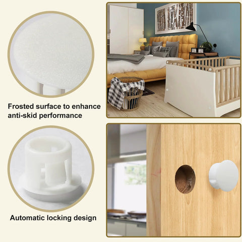 Collage showing 30 Pack 8mm White Plastic Hole Plugs with snap-in locking end caps installed on furniture and close-ups of design features.