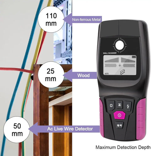 Stud Finder Wall Scanner, Electronic Stud Detector with LCD Display for Wood, Metal, AC Wire, and Joist - showing detection depth measurements.
