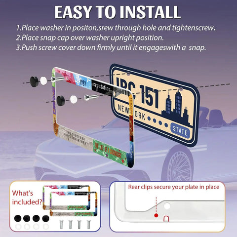 Dope Universal Stainless Steel License Plate Frame with screws, fits US/Canada plates, 12x6 inch, easy install features shown