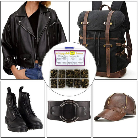 Leather Craft Rivet Kit With Chicago Screws 90 Sets In 6 Sizes with jacket, backpack, boots, belt, and cap