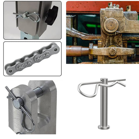 Close-up of Ultimate M8 Clevis Pin and M3 R Clip Set in mechanical applications and configurations.