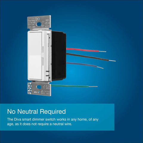 Diva Style Smart Dimmer Switch With No Neutral Required For Easy Glow Up On Any Circuit, showing wires for installation.