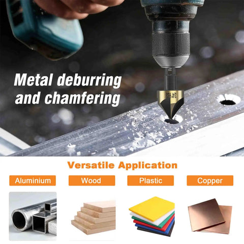 Five Piece HSS Countersink Drill Bit Set With Hex Shank For Wood And Metal, One Quarter Inch To Three Quarter Inch Sizes in use on metal