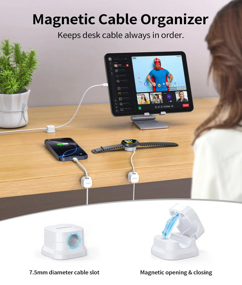 Magnetic Cable Clips Cord Organizer Set on desk showing USB and power cables managed with adhesive wire holders.