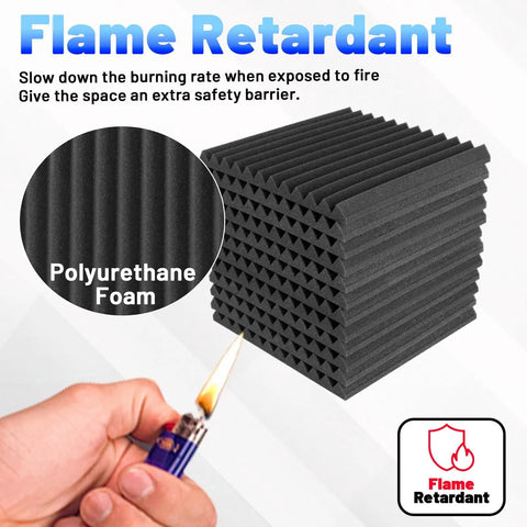 Dope Soundproof Foam Panels 36 Pack High Density Acoustic Wedges Self Adhesive Noise Fighting Tiles shown with flame retardant feature.