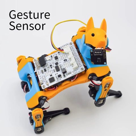 Robotic toy dog with gesture component of All In One Sensor Pack For Robotics IoT And AI With Light Touch Gesture Proximity Motion And Infrared Distance Sensors Plug And Play With ESP32 And Raspberry Pi Grove Connectors For Easy Microcontroller Wiring.