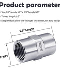 2 Pack Stainless Steel 304 Half Inch Female NPT Pipe Hose Connector Adapters, 1/2" NPT, 1.5-inch length