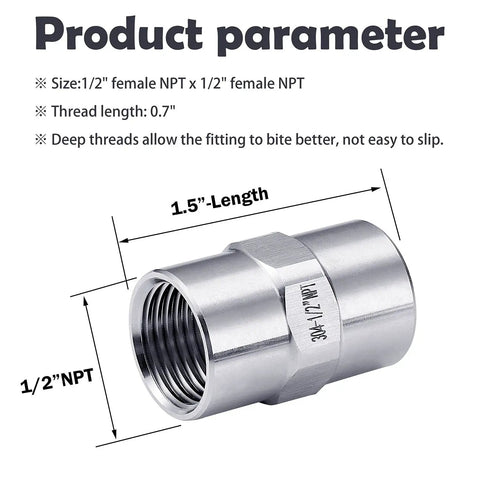 2 Pack Stainless Steel 304 Half Inch Female NPT Pipe Hose Connector Adapters, 1/2" NPT, 1.5-inch length