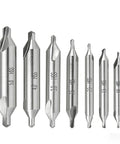Pro Grade 7 Piece Center Drill Bit Set M2 HSS With 60 Degree Countersink For Lathe Metal Woodworking Sizes 1.0 1.5 2.0 2.5 3.0 4.0 5.0 Mm Durable Construction For Long Lifespan Ideal For Metalworking Woodworking And Brass Great For Lathes showing front view of drill bits