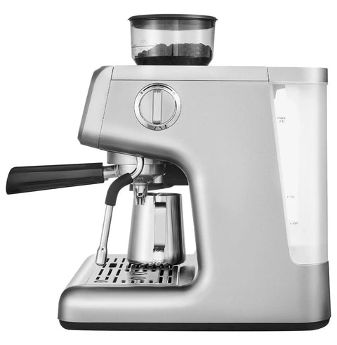 Semi Automatic Espresso Machine With Built In Conical Burr Grinder, 30 Precision Grind Settings, 15 Bar Pump Pressure, side view with silver finish.