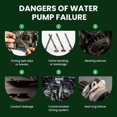 Dangers of water pump failure with detailed visual effects on the engine including coolant leakage and seal ring failure.