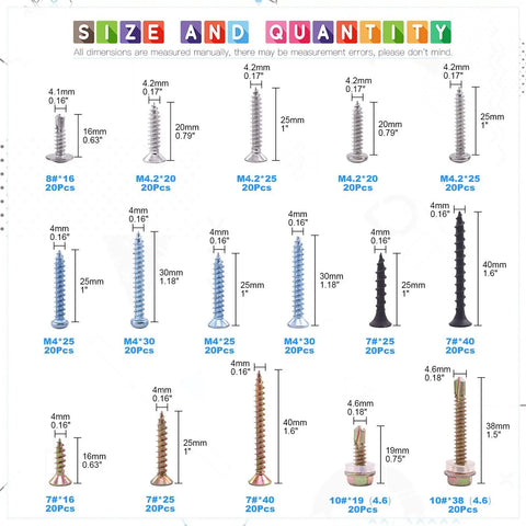 Pro Level 320 Pcs Mixed Self Drilling Screw Assortment Kit featuring various sizes and types of screws with measurements displayed.