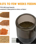 Automatic Pond Feeder Programmable LCD Controller showing 5.5-liter capacity with various pellet sizes for koi fish feeding.