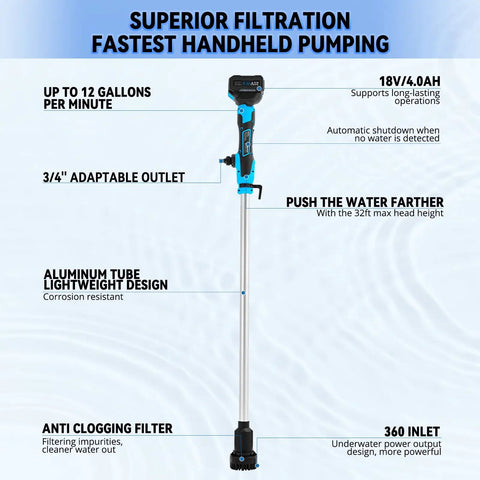 Cordless Stick Water Pump Moves 720 GPH With No Sweat, Delivers 32 Ft Lift Power, Includes 4000mAh 21V Battery And Fast Charger, 3/4 Inch Connection, Solid Choice For Vacuuming Pools, Spas, And Yachts On-site, Toss The Extension Cord And Go - handheld pump with aluminum tube and 3/4 adaptable outlet.