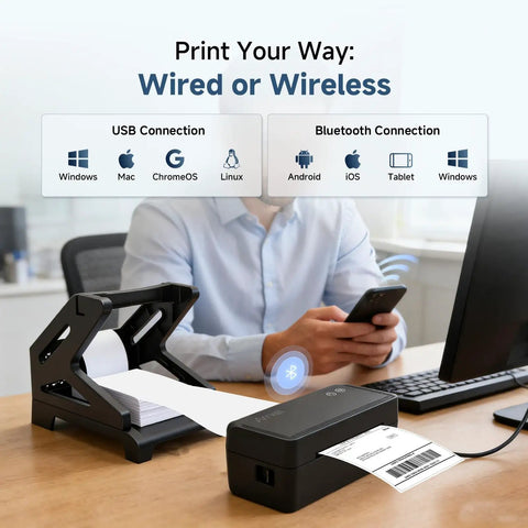 Bluetooth Thermal Label Printer With Stand Go-To Wireless 4x6 Shipping Label Printer For Small Biz, shown on desk next to user