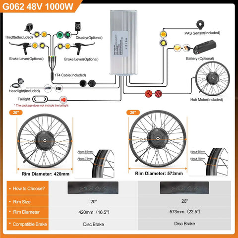 Diagram of Heavy Duty Ebike Conversion Kit components for 20" and 26" fat tire bikes with 48V 1000W hub motor.