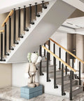 Rock Solid Steel Railing Posts With Adjustable Angle Brackets For Decks Stairs And Porches Weather Resistant Powder Coated Baluster Columns 14 Pack installed on contemporary staircase.