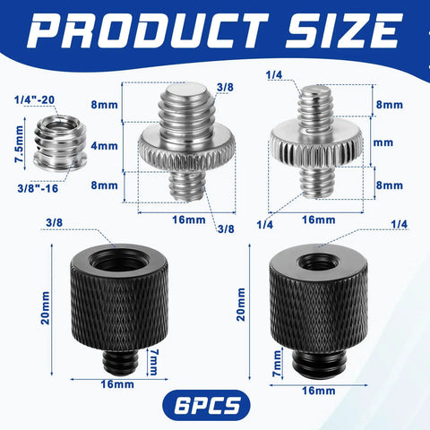 Image of 6 Piece Hella Solid Aluminum Threaded Converter Kit Quick Swap 1/4 Male To 3/8 Female And 3/8 Male To 1/4 Female Adapter with sizes.