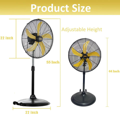 Heavy Duty 20 Inch Pedestal Fan Delivers 5000 CFM High Velocity Air With One Fifth HP Motor Oscillating Stand Fan On Wheels Product Size