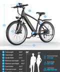Beast Mode 1500W Peak Electric Mountain Bike For Adults With 48V 12Ah Removable Battery, 26 Inch Wheels, side view dimensions