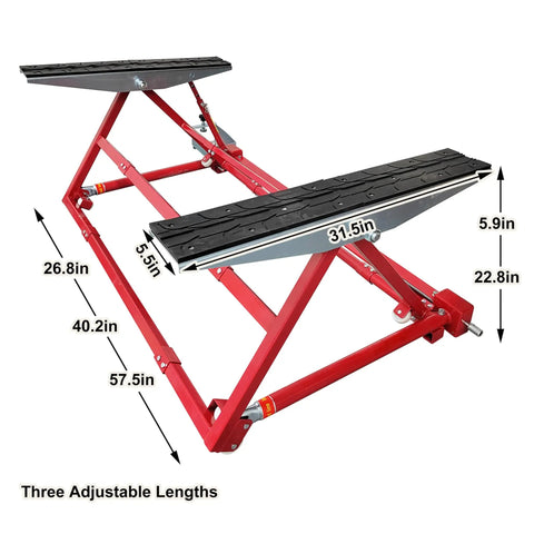 Portable Car Lifter Featuring Dual Workbench Auto Scissor Lift With Three Adjustable Widths And Hella Strong 3306 Pound Load Capacity Built Like A Tank For Every Real Deal Auto Garage Setup, showing dimensions and features.