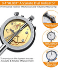 High-Precision 0 To 1 Inch Dial Indicator With 0.001 Inch Readout showing detailed transmission mechanism and knob adjustments