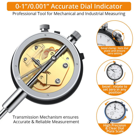 High-Precision 0 To 1 Inch Dial Indicator With 0.001 Inch Readout showing detailed transmission mechanism and knob adjustments