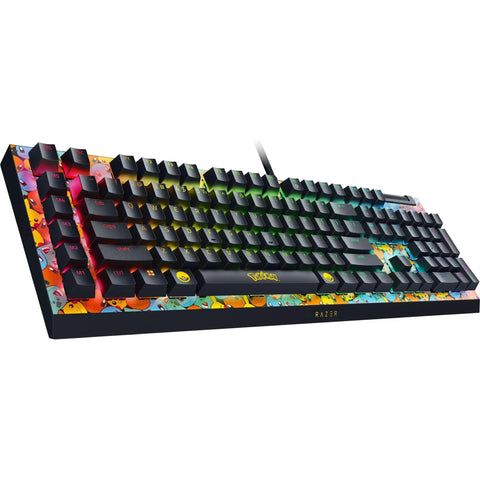 Next Level Gaming Setup Essential With Hella Tactile Green Mechanical Switches Featuring Officially Licensed Pokemon Graphics side view of keyboard with RGB lighting