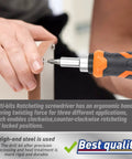 Using 22 In 1 Ratchet Screwdriver Set With Precision Slotted Philips Pozi And Torx Bits for furniture assembly, ergonomic handle visible